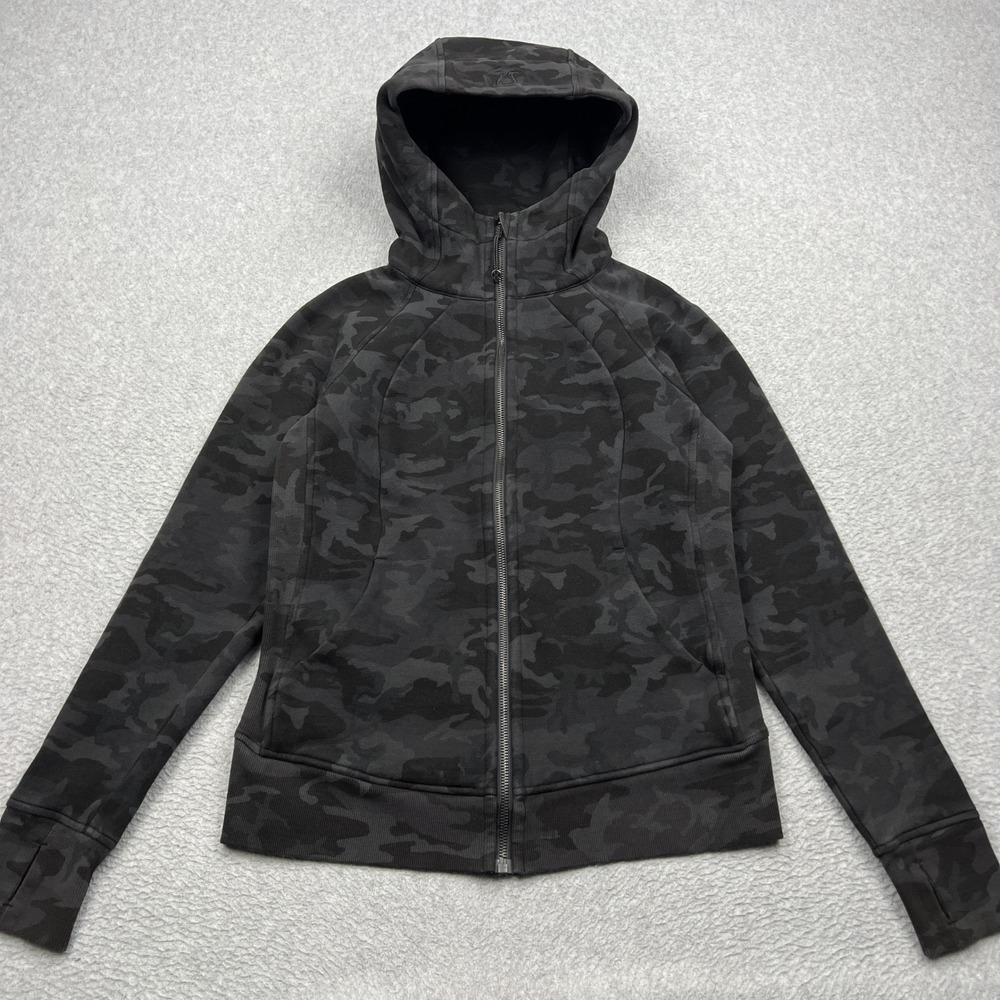 Lululemon Scuba Full Zip Hoodie Womens 8 Black Camo Light Cotton Fleece W4AWPS